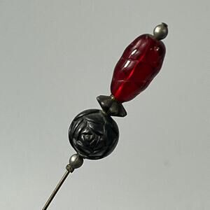 Vintage 8" Hat Pin Red Swirl Glass Carved Rose Bead Stick Pin Mid Century